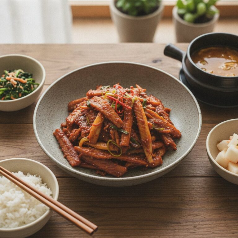 Korean Braised Dried Pollack Strips (Hwangtae Jorim)