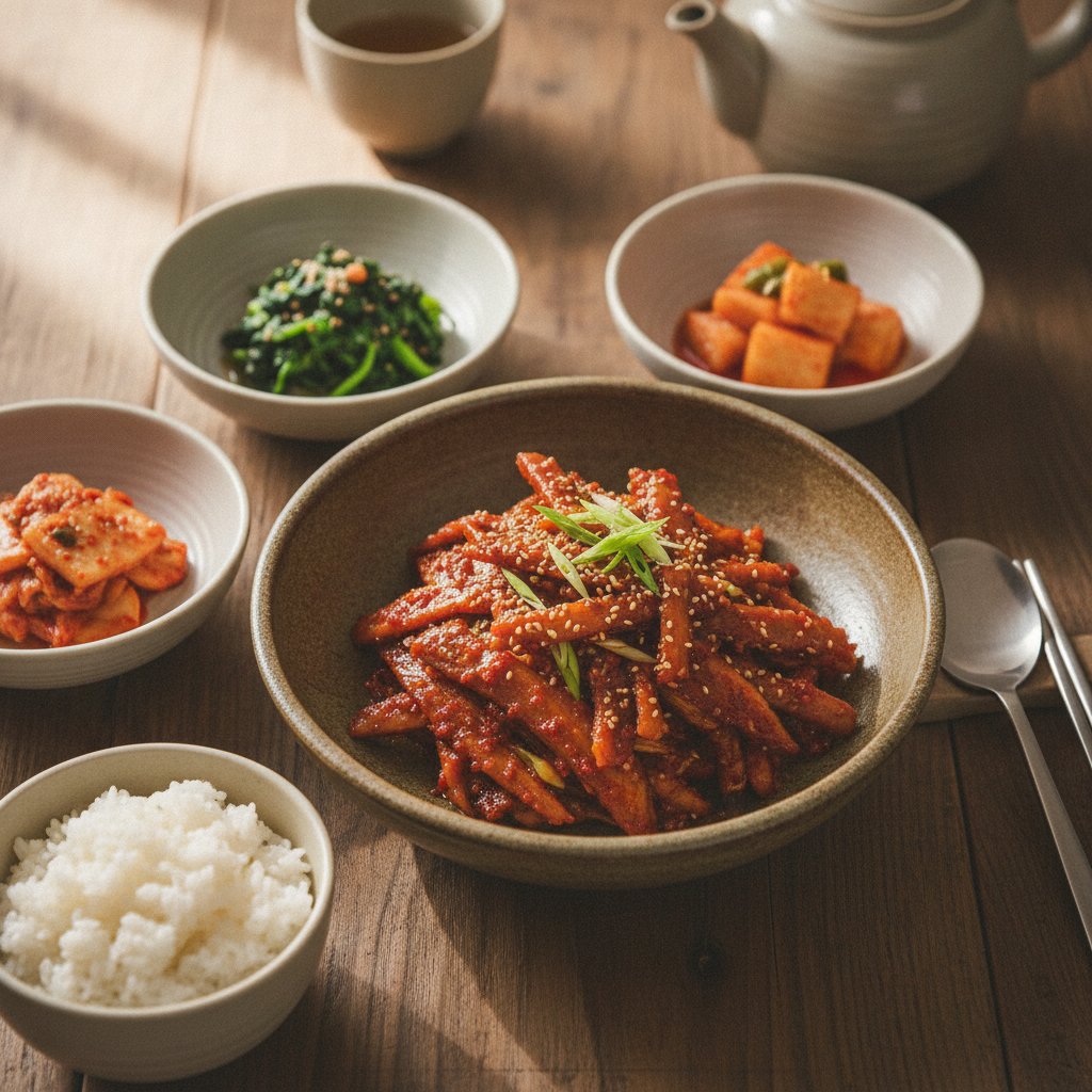 Korean Braised Dried Pollack Strips (Hwangtae Jorim)