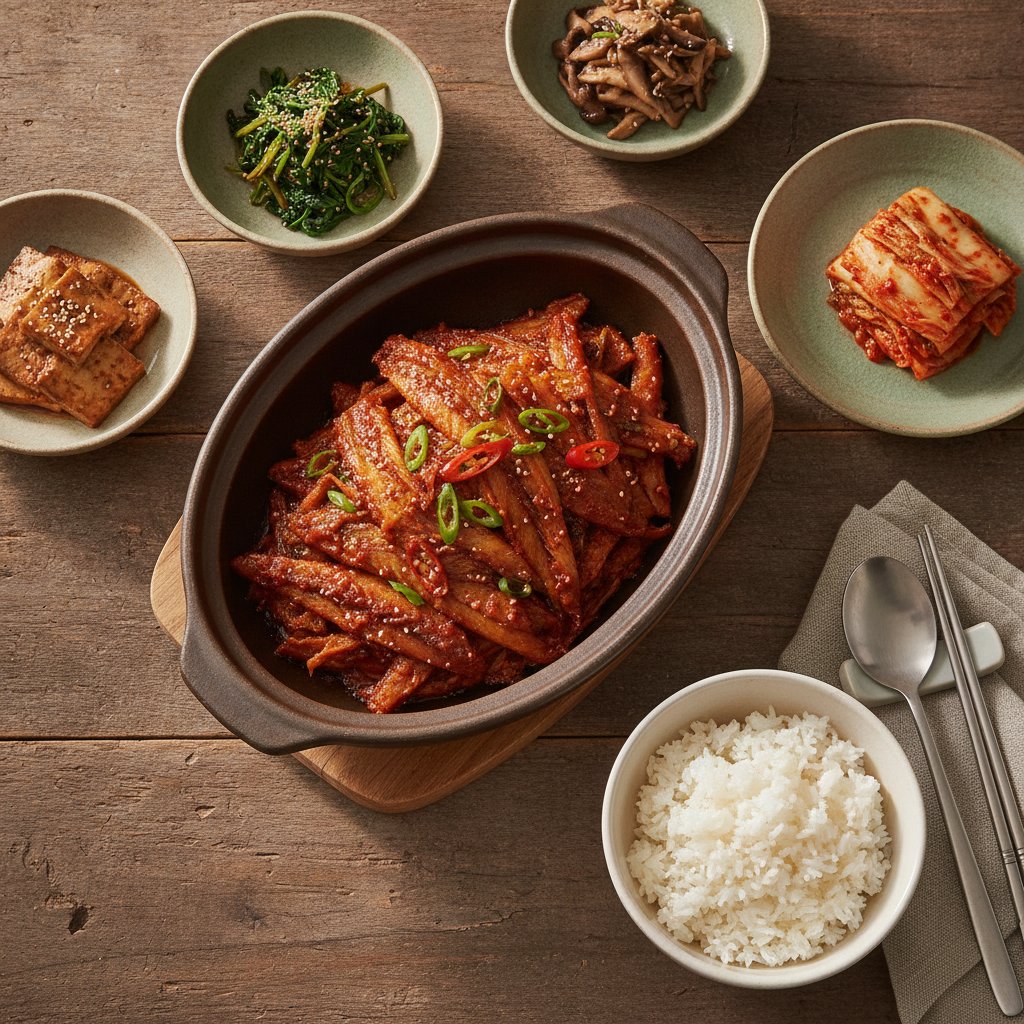 Korean Braised Dried Pollack Strips (Hwangtae Jorim)