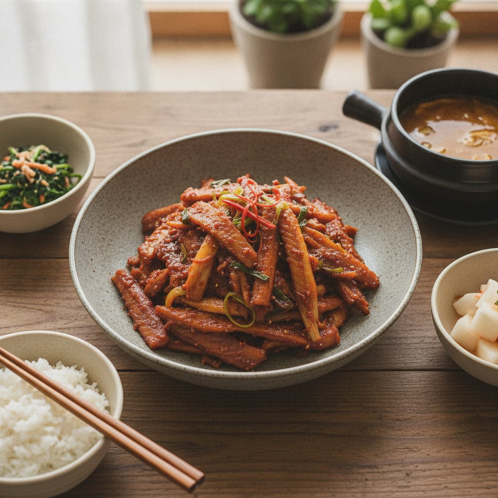 Korean Braised Dried Pollack Strips (Hwangtae Jorim)